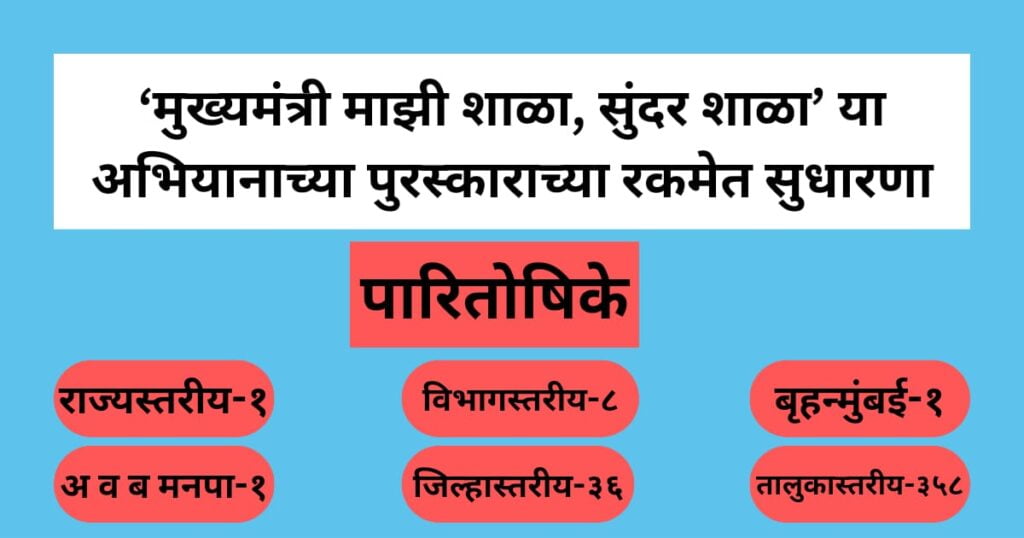 ‘मुख्यमंत्री माझी शाळा, सुंदर शाळा’ या अभियानाच्या पुरस्काराच्या रकमेत सुधारणा 1 मुख्यमंत्री माझी शाळा सुंदर शाळा अभियानातील पुरस्काराच्या रकमेत सुधारणा